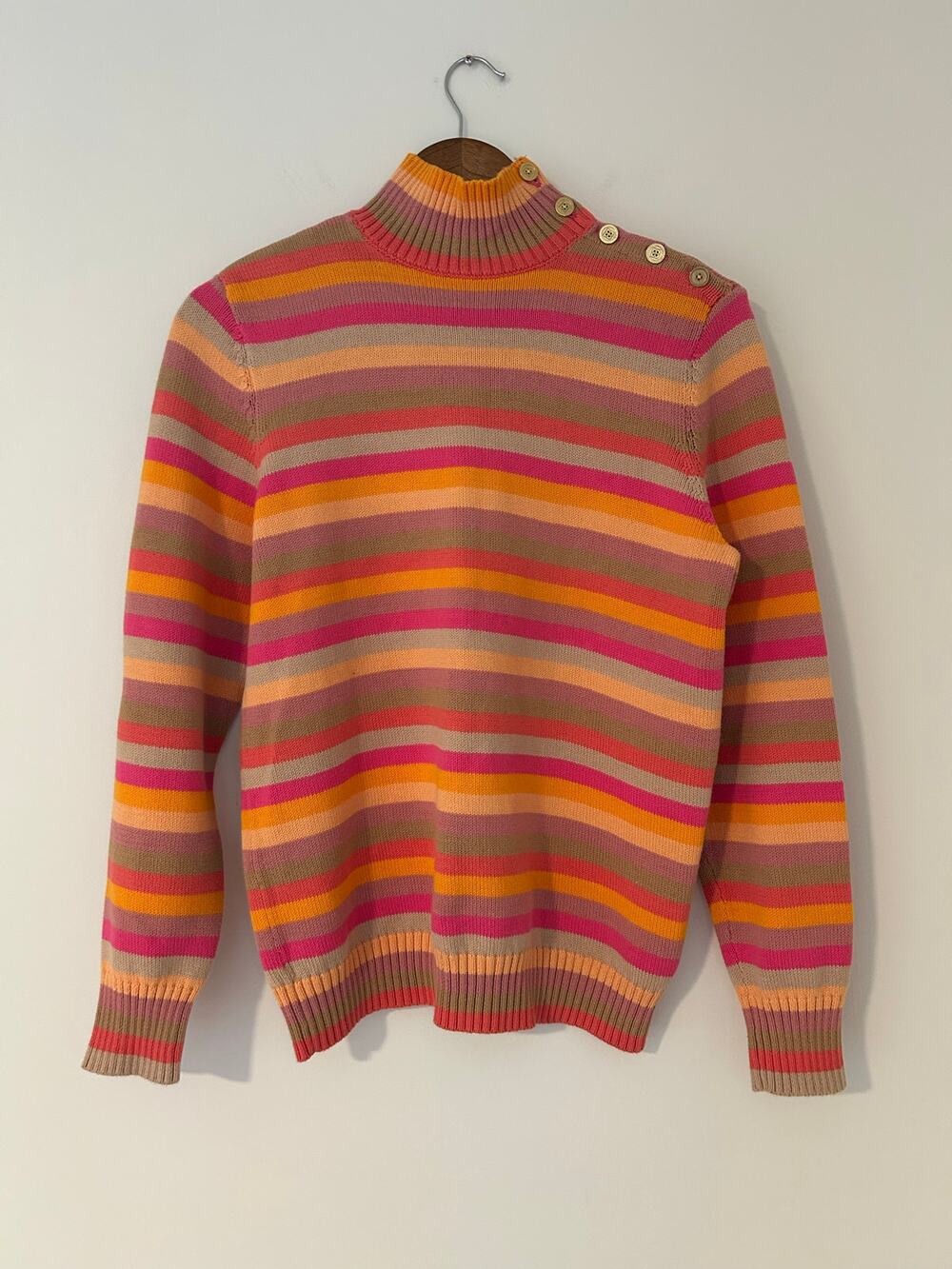 Liz Claiborne Striped Knit Sweater 100% Cotton Sunset Orange Pink Tan Gold EUC L